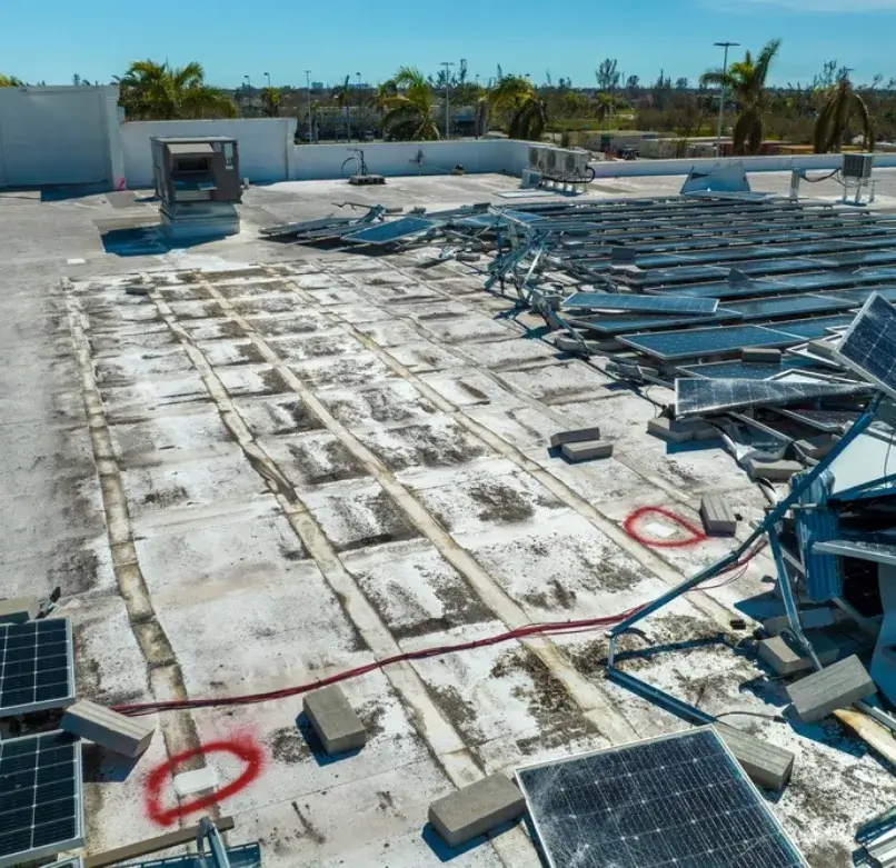 Damaged solar panels and deteriorated roofing on a flat commercial building.