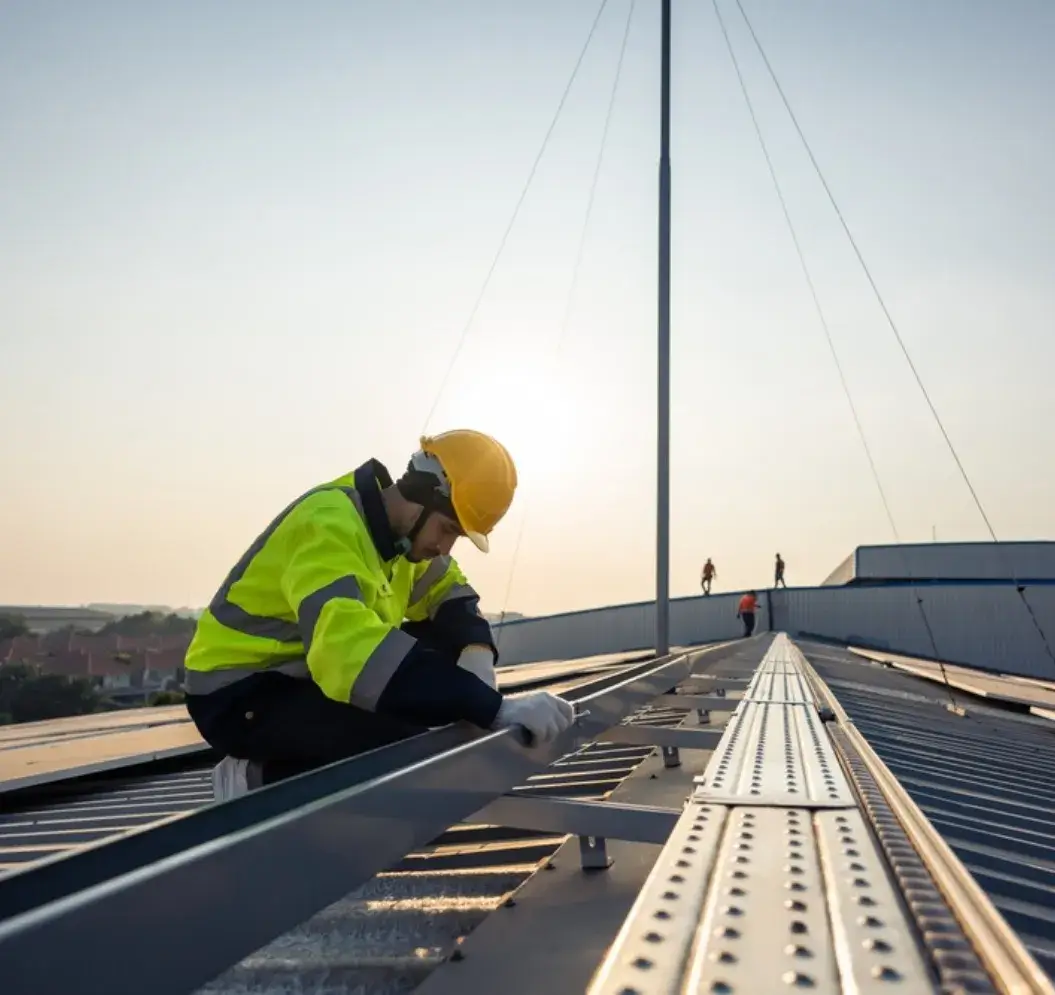 Construction worker securing a metal roof structure at sunset.