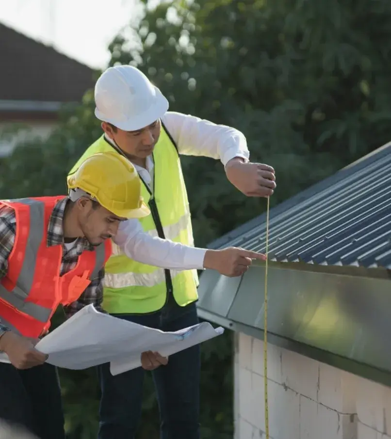 Two construction inspectors measuring a metal roof with a tape measure while reviewing blueprints.