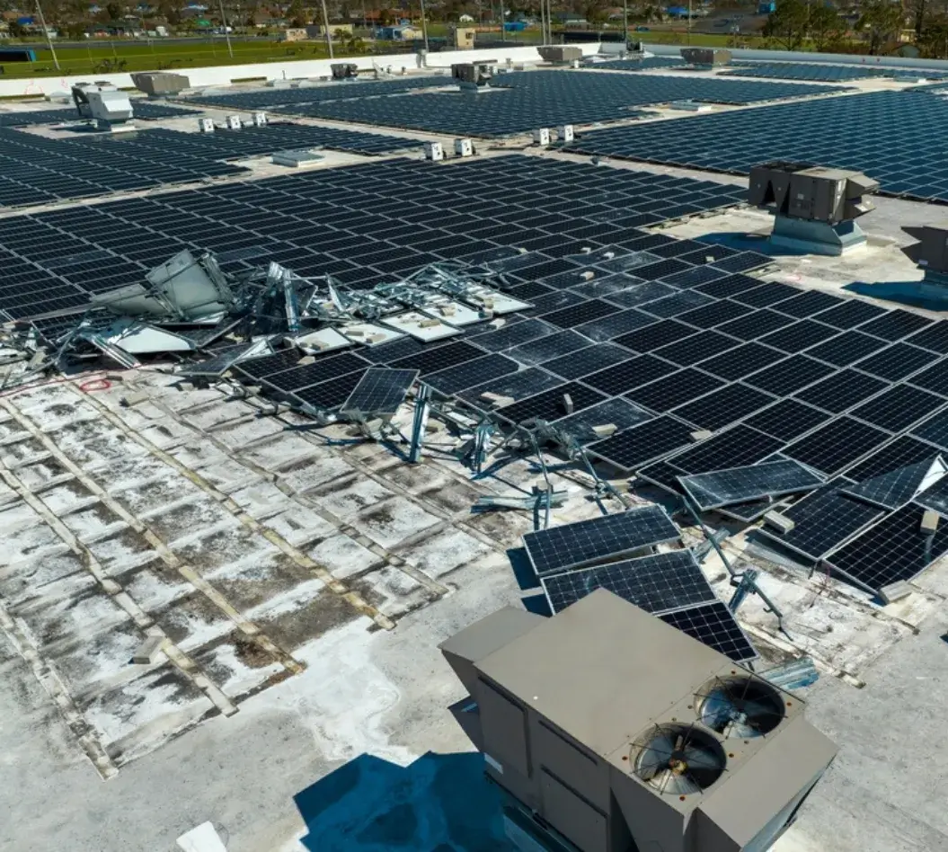 Damaged solar panels on a commercial rooftop after a storm.